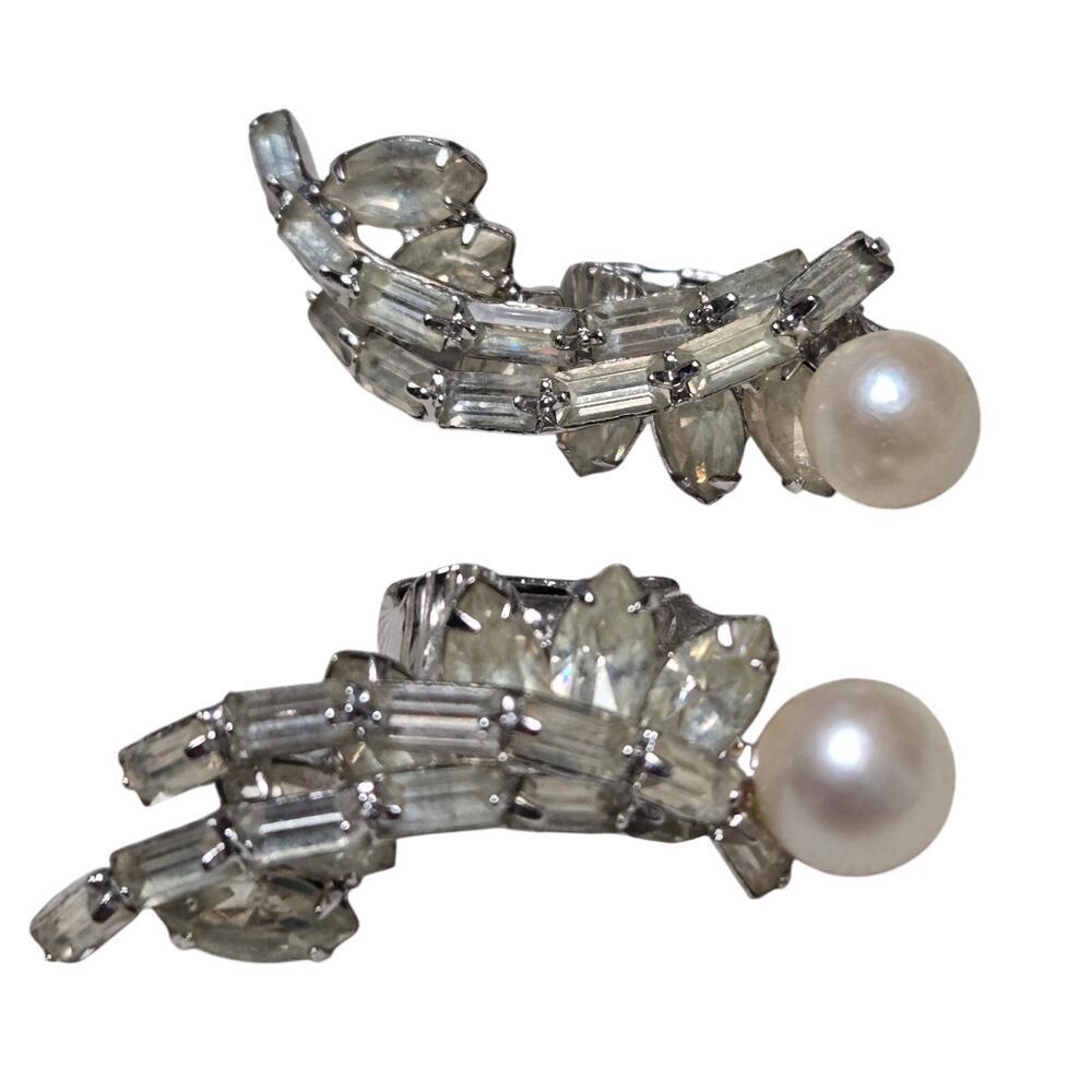 Gorgeous Vintage Faux Pearl Rhinestone Climber Clipon Earrings Bridal